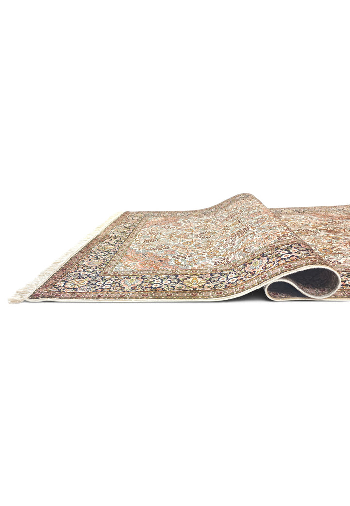 Ivory and Rust Floral Medallion, Hand-Knotted Silk Rug