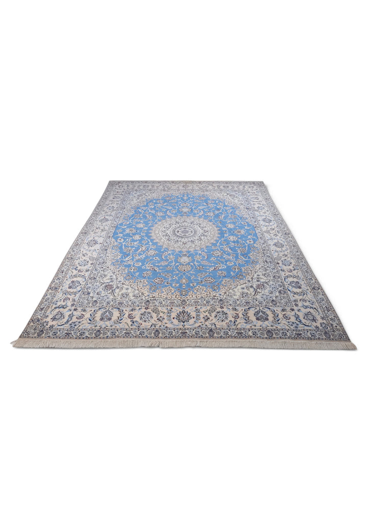 Blue and Ivory Gonbad Dome Nain, Hand-Knotted Wool Rug