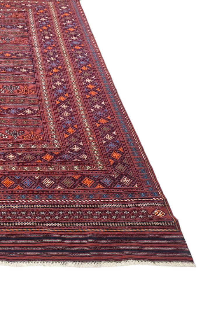 Rose Red and Orange Banded Kilim, Hand-Woven Wool