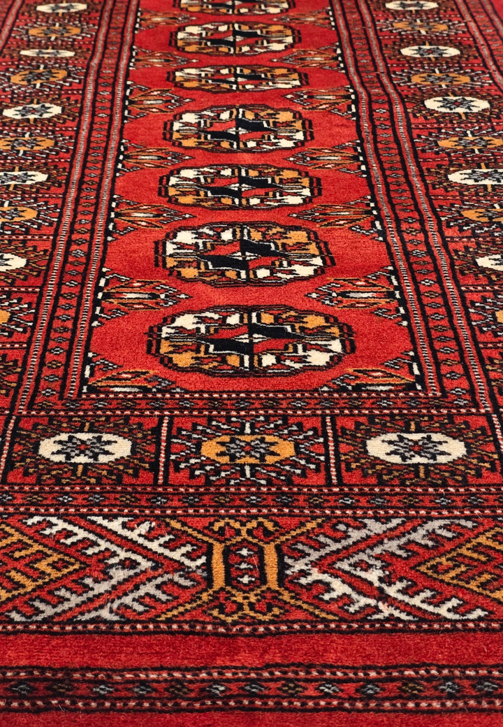 Red and Orange Turkmen Gül Bokhara, Hand-Knotted Wool Rug