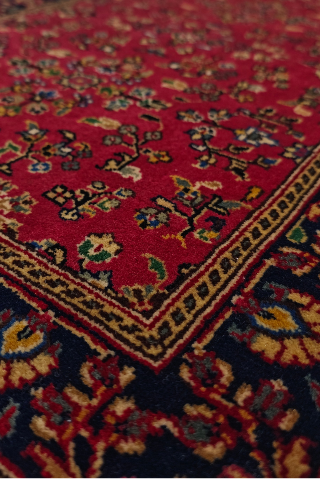 Madder Red and Indigo Sarouk Garden Floral, Hand-Knotted Wool Rug