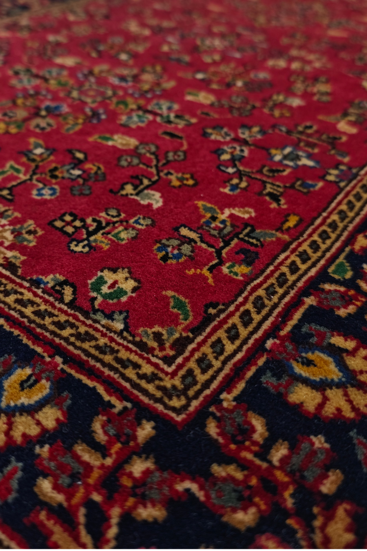 Madder Red and Indigo Sarouk Garden Floral, Hand-Knotted Wool Rug