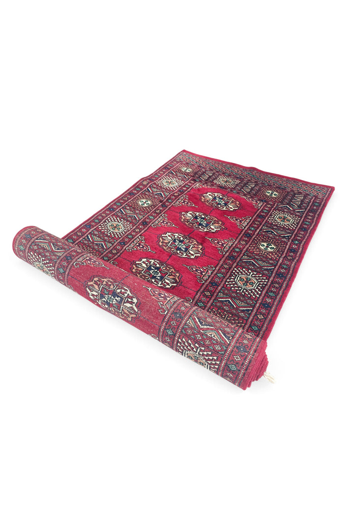 Wine Red and Cream Single Column Gül Bokhara, Hand-Knotted Wool Rug
