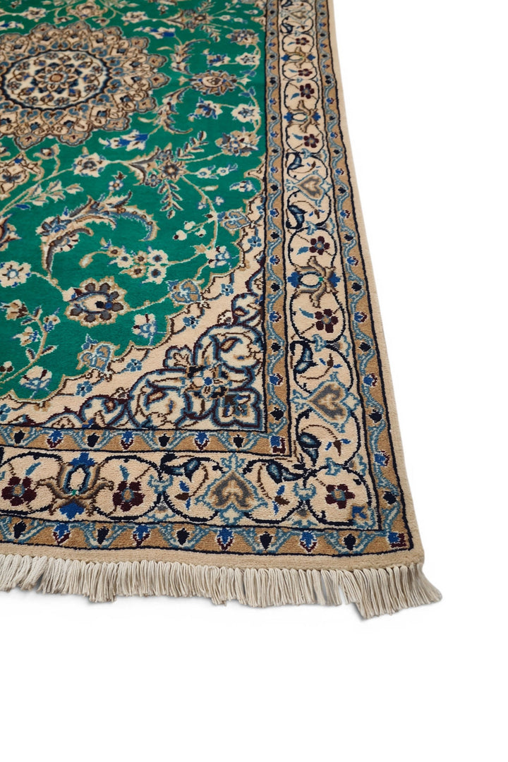 Emerald-Green Medallion Persian Nain, Hand-Knotted Wool Rug