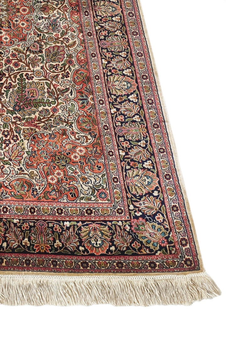 Rose and Black Afshan All-Over Floral, Hand-Knotted Silk Rug