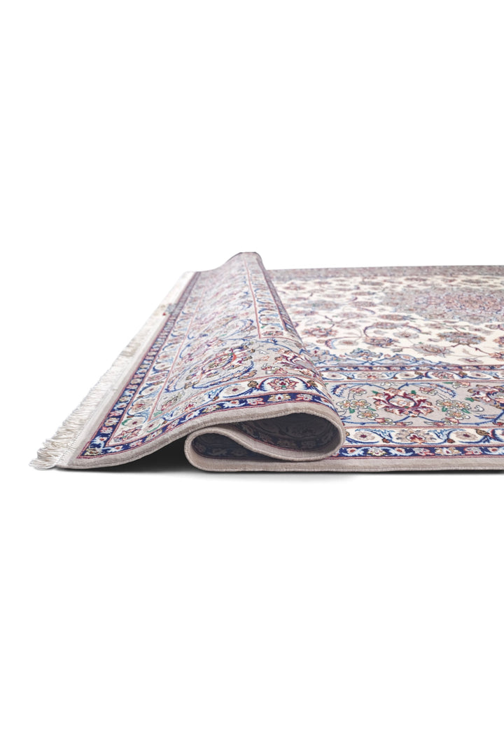 Ivory and Grey Medallion Yazdani Isfahan, Hand-Knotted Wool Rug