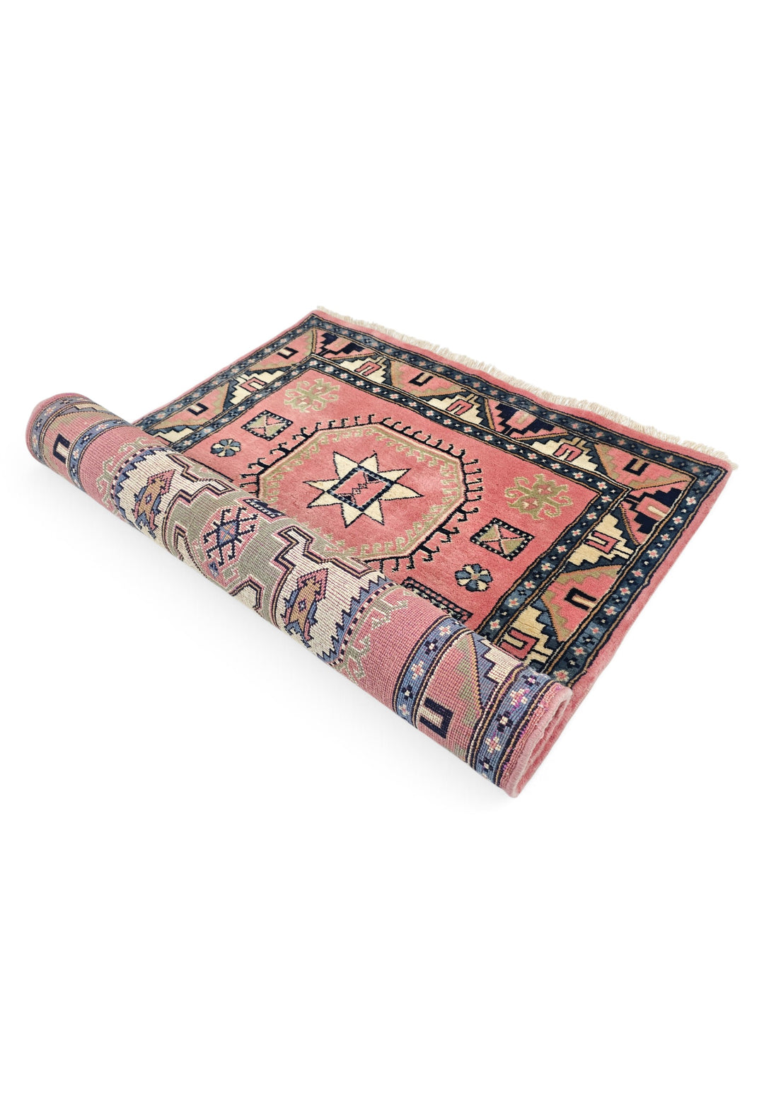 Rose and Ivory Star and Cross Medallion Kazak, Hand-Knotted Wool Rug