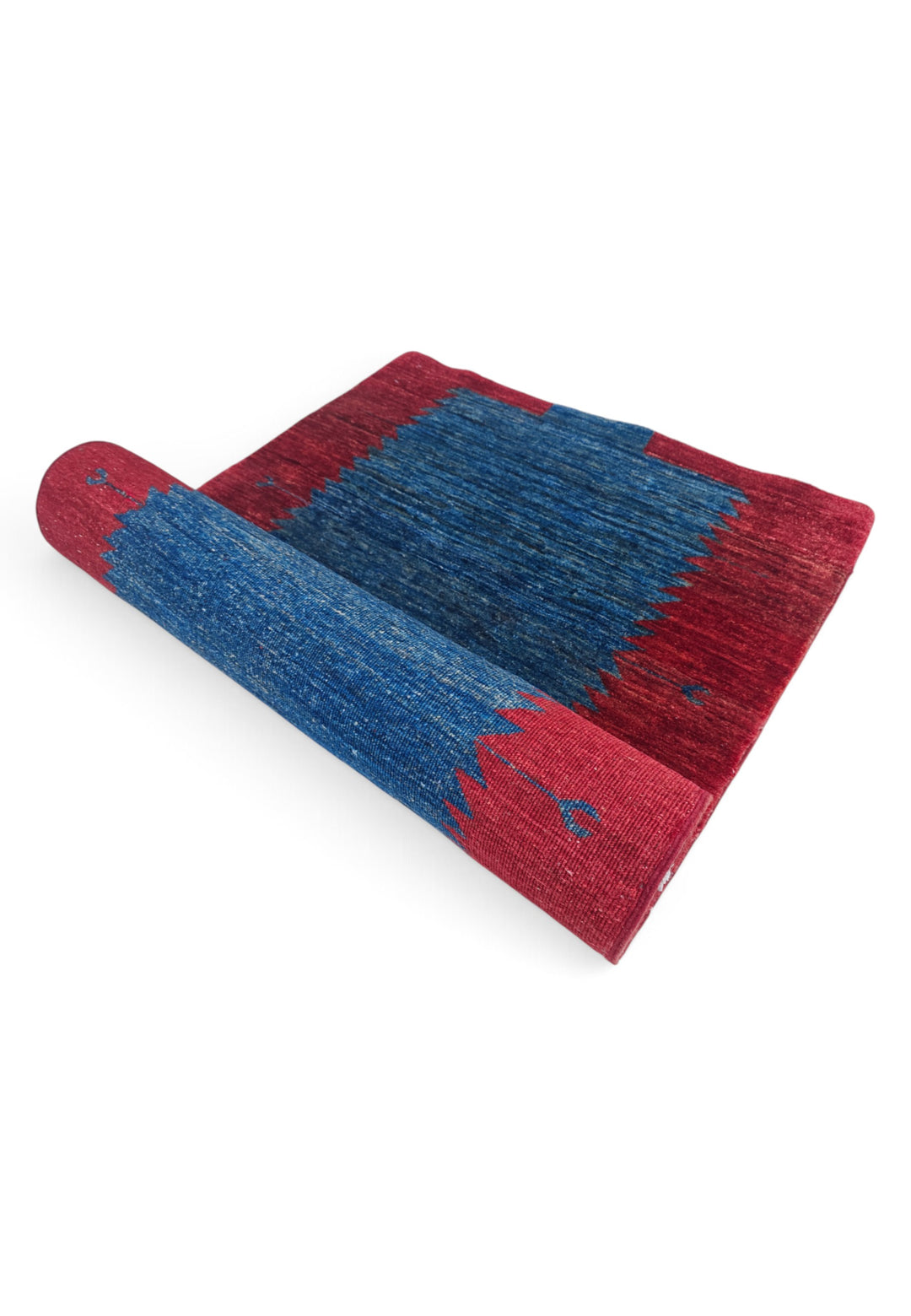Wine Red and Royal Blue Sawtooth Gabbeh, Hand-Knotted Wool Rug
