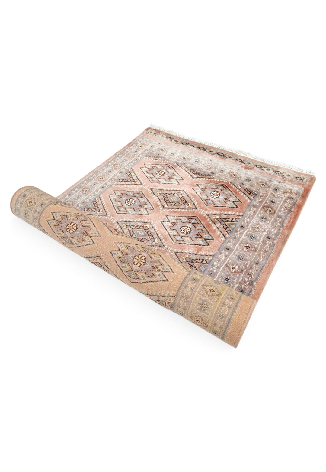 Salmon and Mauve Jaldar Alternating Lattice, Hand-Knotted Wool Rug