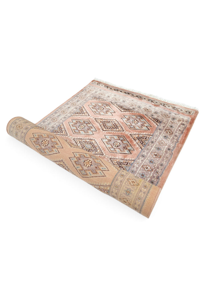 Salmon and Mauve Jaldar Alternating Lattice, Hand-Knotted Wool Rug