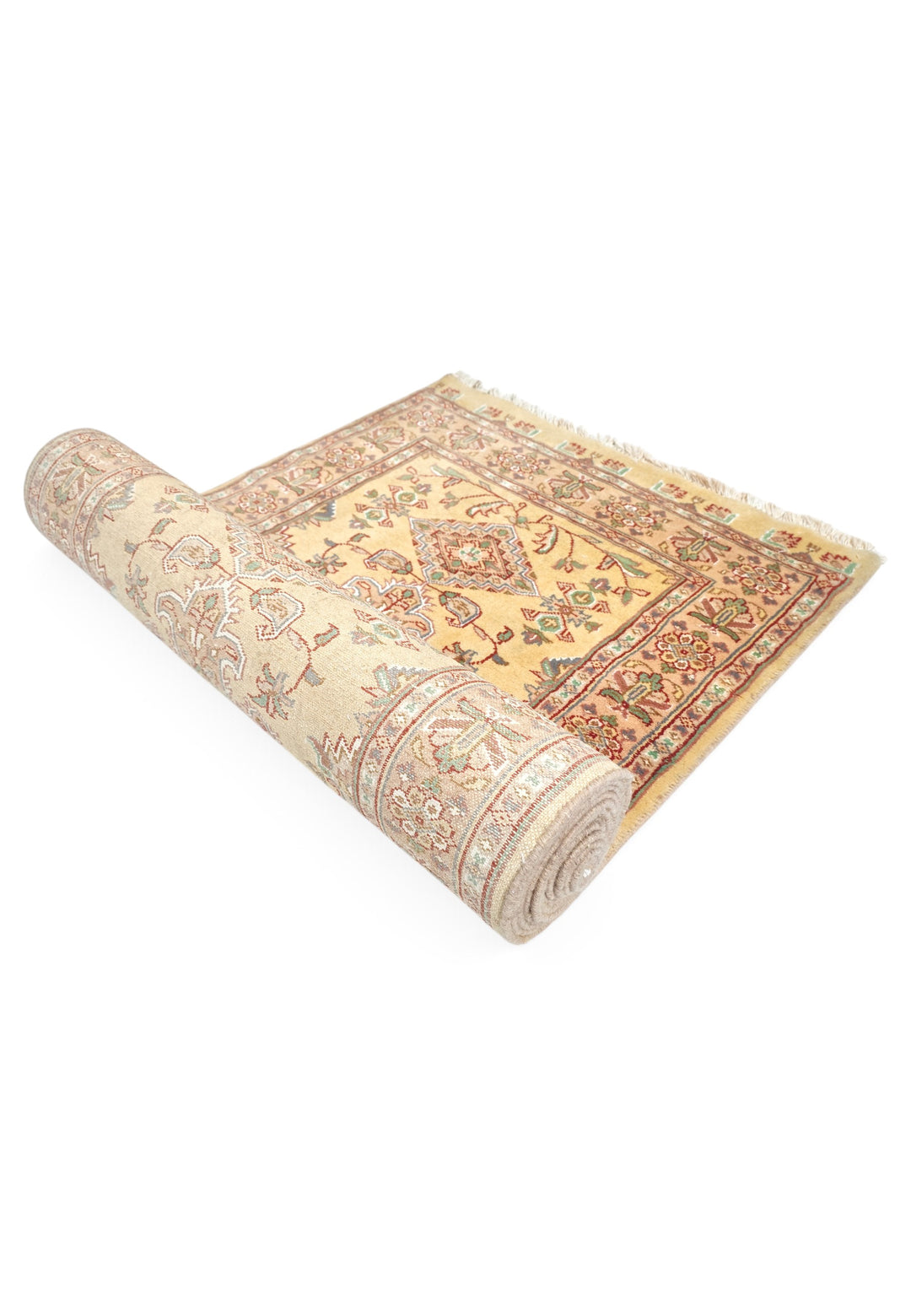 Wheat Gold and Rose Jaldar Alternating Medallion, Hand-Knotted Wool and Silk Rug