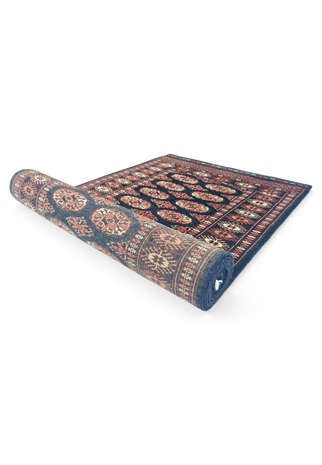 Navy and Rose Double Column Gül Bokhara, Hand-Knotted Wool Rug