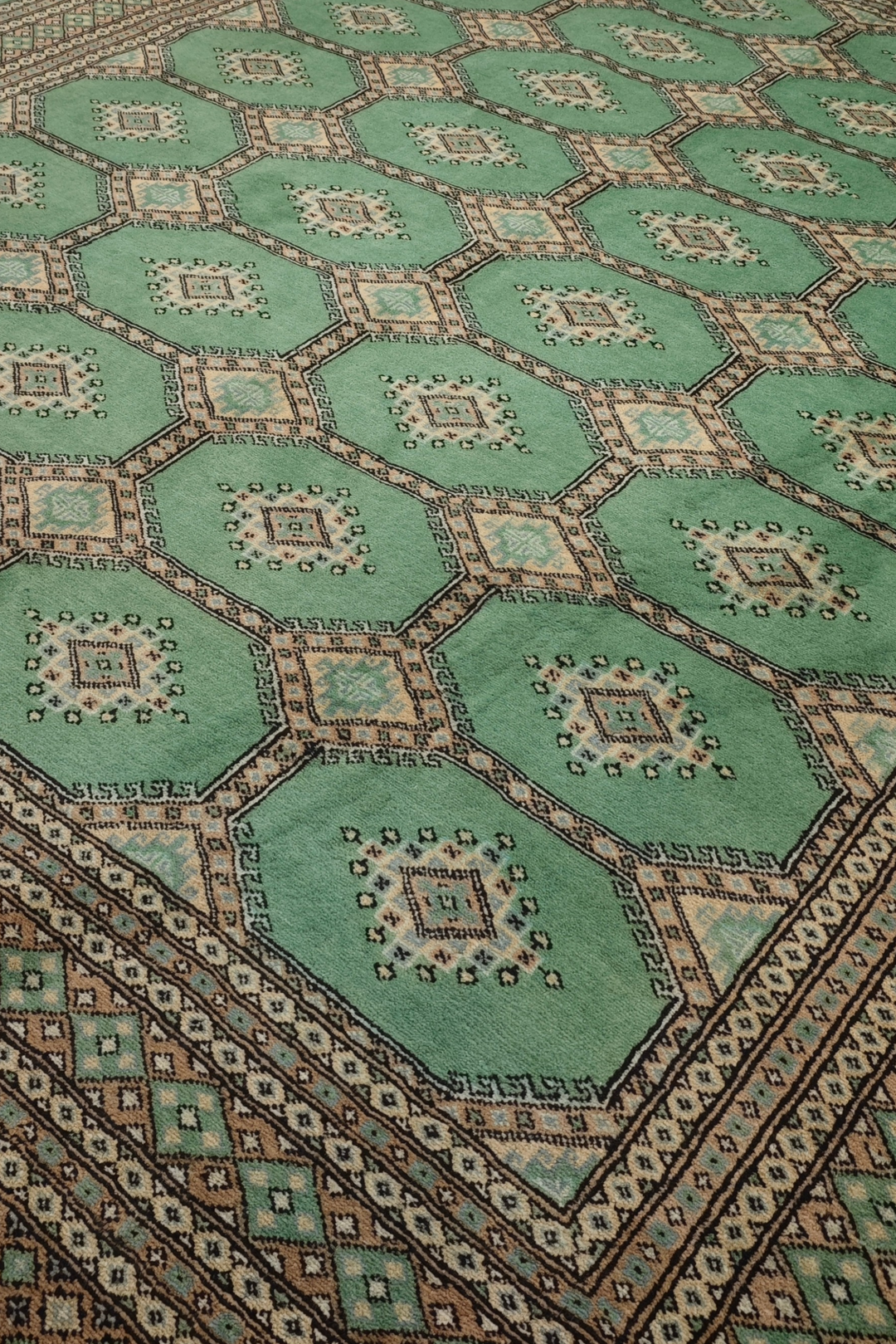 Jade Green and Cream Compartment Bokhara, Hand-Knotted Wool and Silk Rug