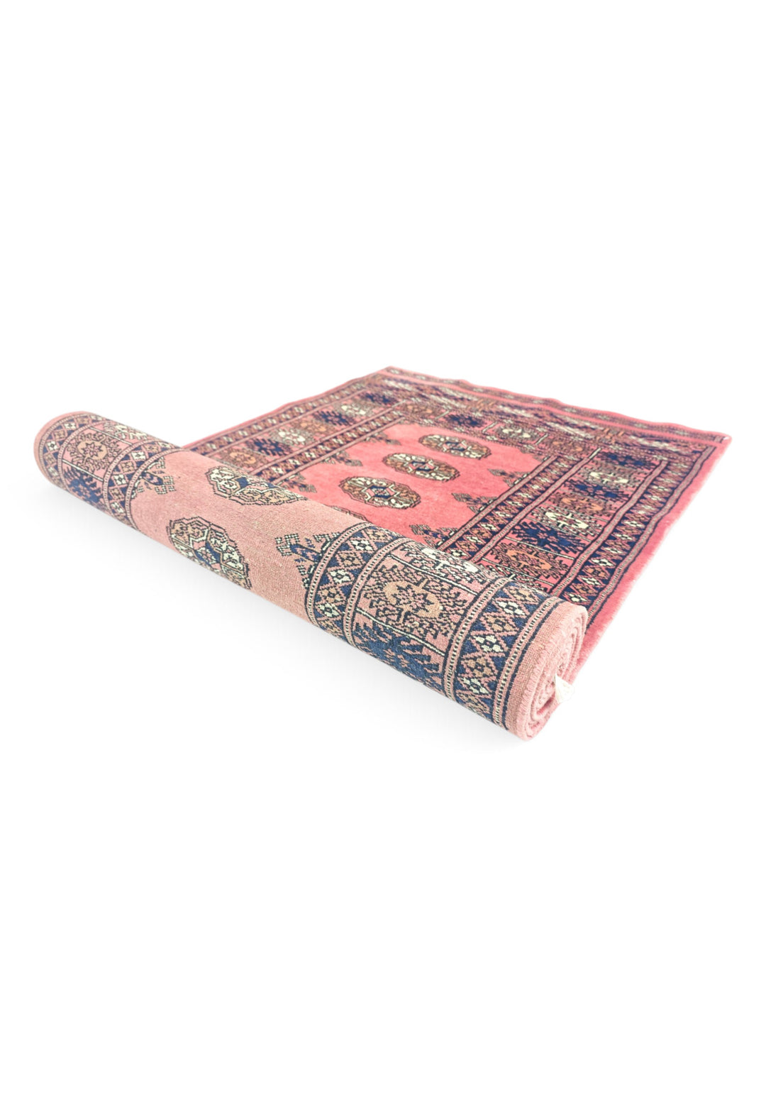 Rose and Navy Single Column Gül Bokhara, Hand-Knotted Wool Rug