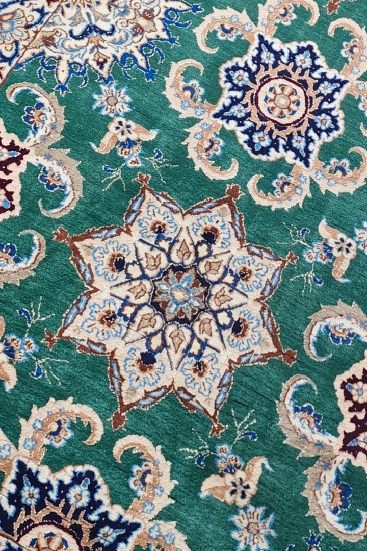 Teal and Ivory Star Medallion Nain, Hand-Knotted Wool Rug