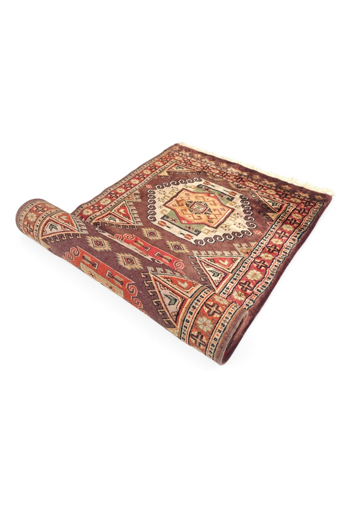 Espresso and Madder Red Scrolled Medallion, Hand-Knotted Wool Rug