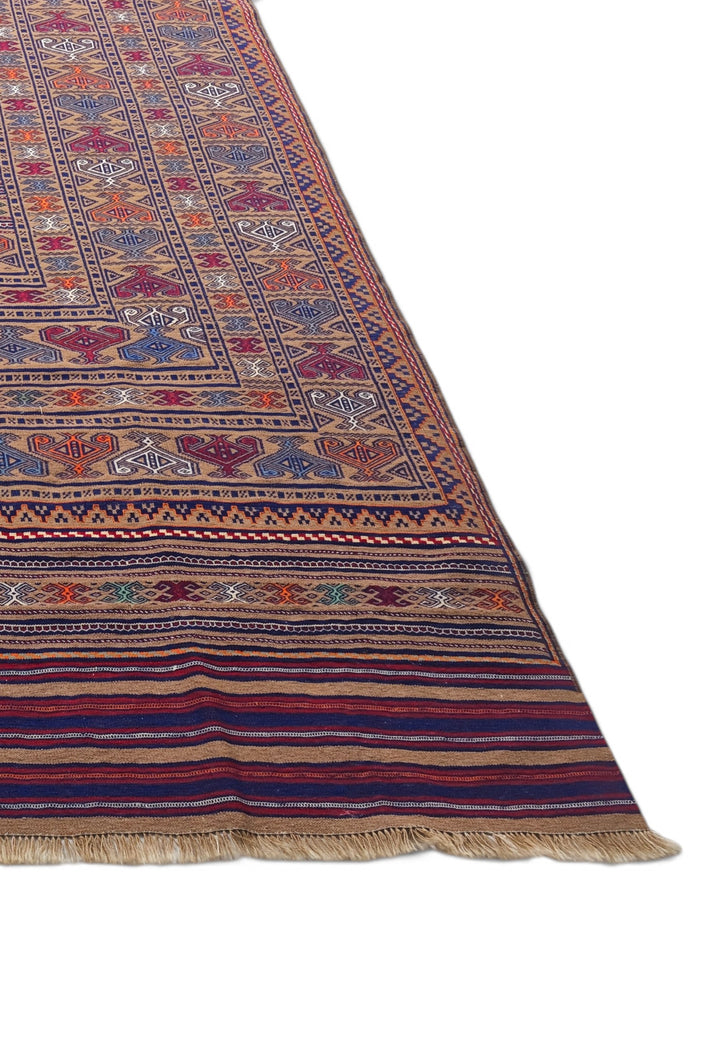 Camel and Burgundy Banded Kilim, Hand-Woven Wool