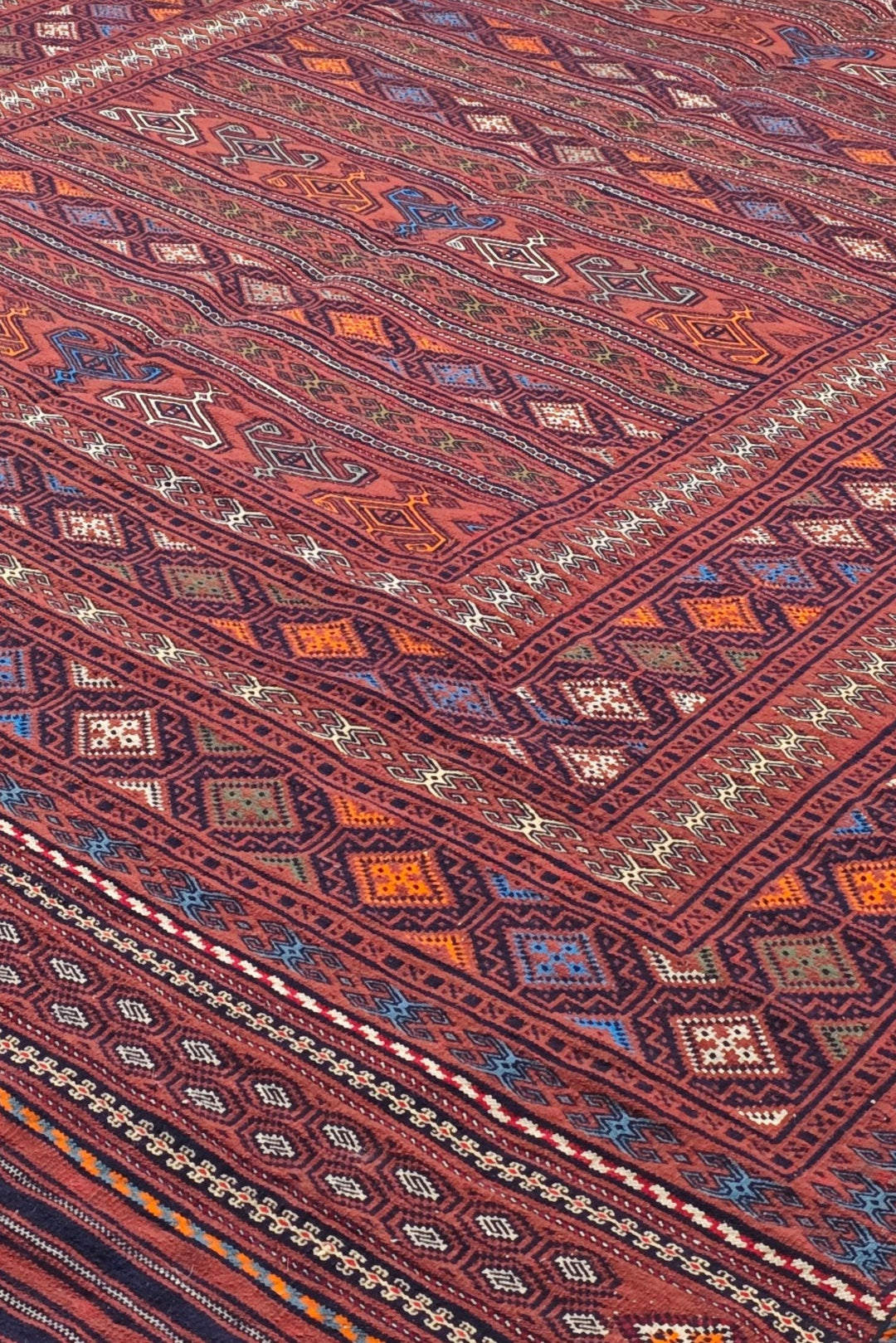 Rose Red and Orange Banded Kilim, Hand-Woven Wool