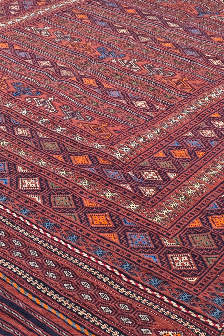 Rose Red and Orange Banded Kilim, Hand-Woven Wool