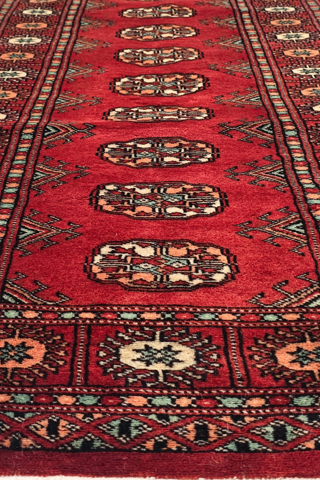 Ruby Red and Peach Turkmen Gül Bokhara, Hand-Knotted Wool Rug