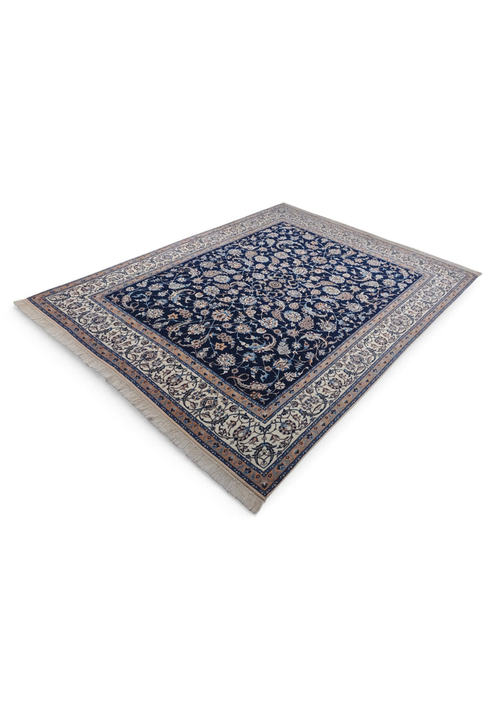 Navy and Ivory All-Over Arabesque Nain, Hand-Knotted Wool Rug