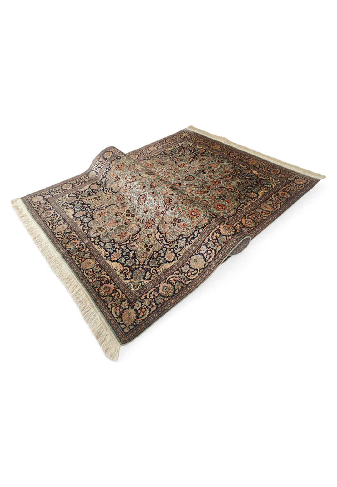Sage Green and Black Arabesque Medallion, Hand-Knotted Silk Rug