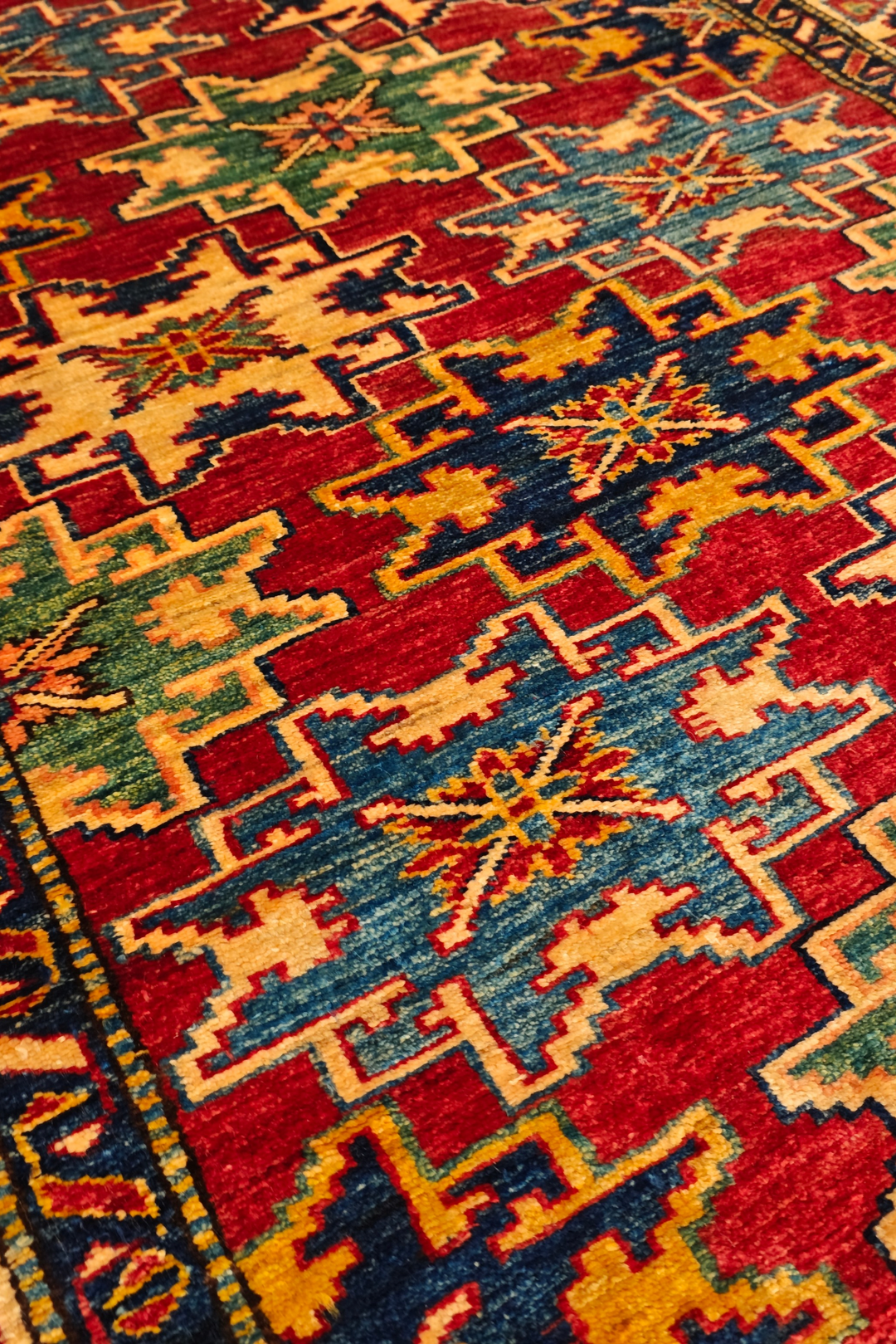 Red Lesghi Star Kazak Rug, Hand-Knotted Afghan Wool