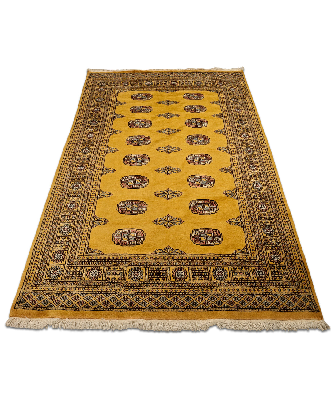 Amber Gold Turkmen Gül Bokhara Rug, Hand-Knotted Pakistani Wool