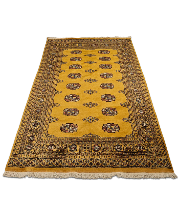 Amber Gold Turkmen Gül Bokhara Rug, Hand-Knotted Pakistani Wool