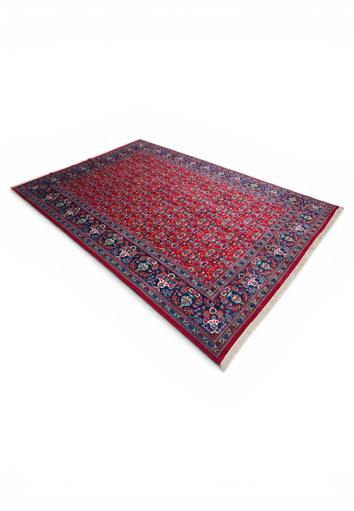 Cherry-Red Boteh Persian Moud, Hand-Knotted Wool Rug