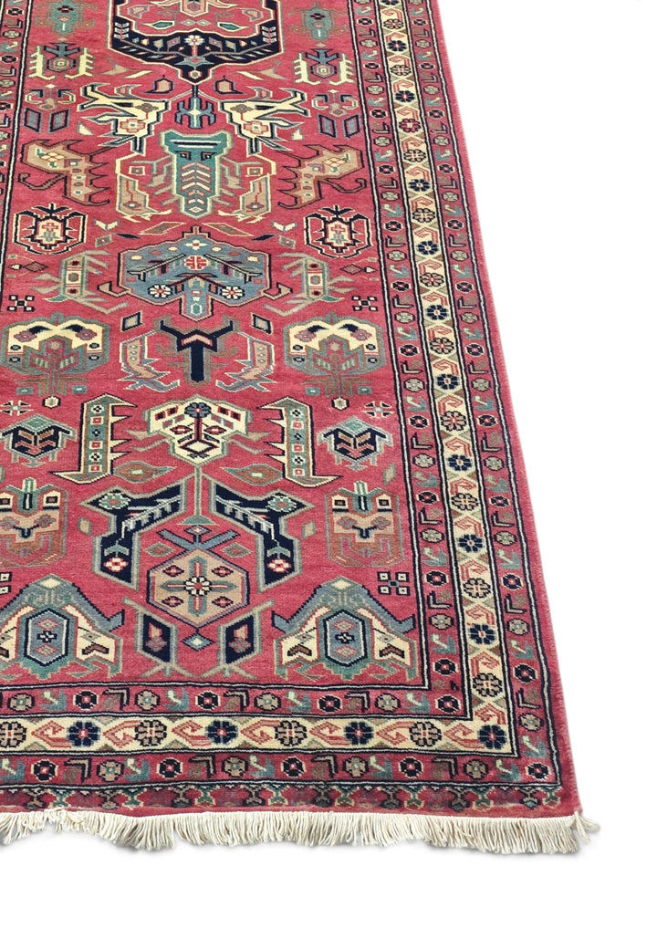 Rose and Teal Serrated Leaf Medallion, Hand-Knotted Wool Rug