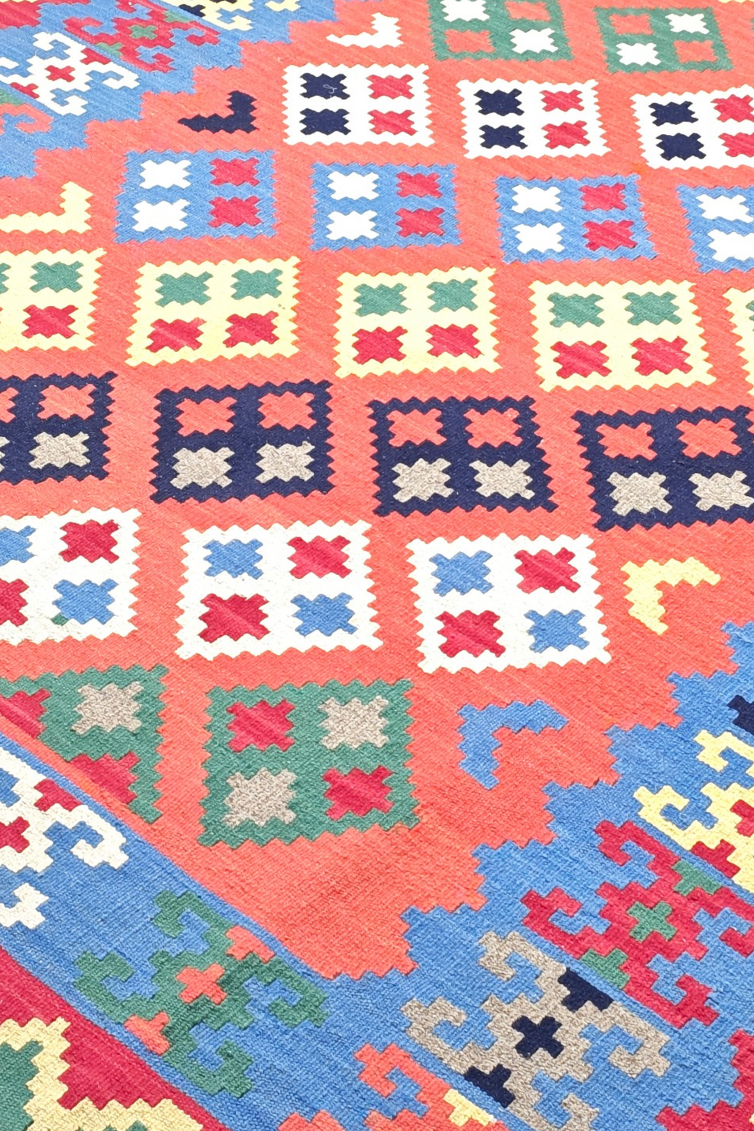 Coral and Green Qashqai Diamond Kilim, Hand-Woven Wool