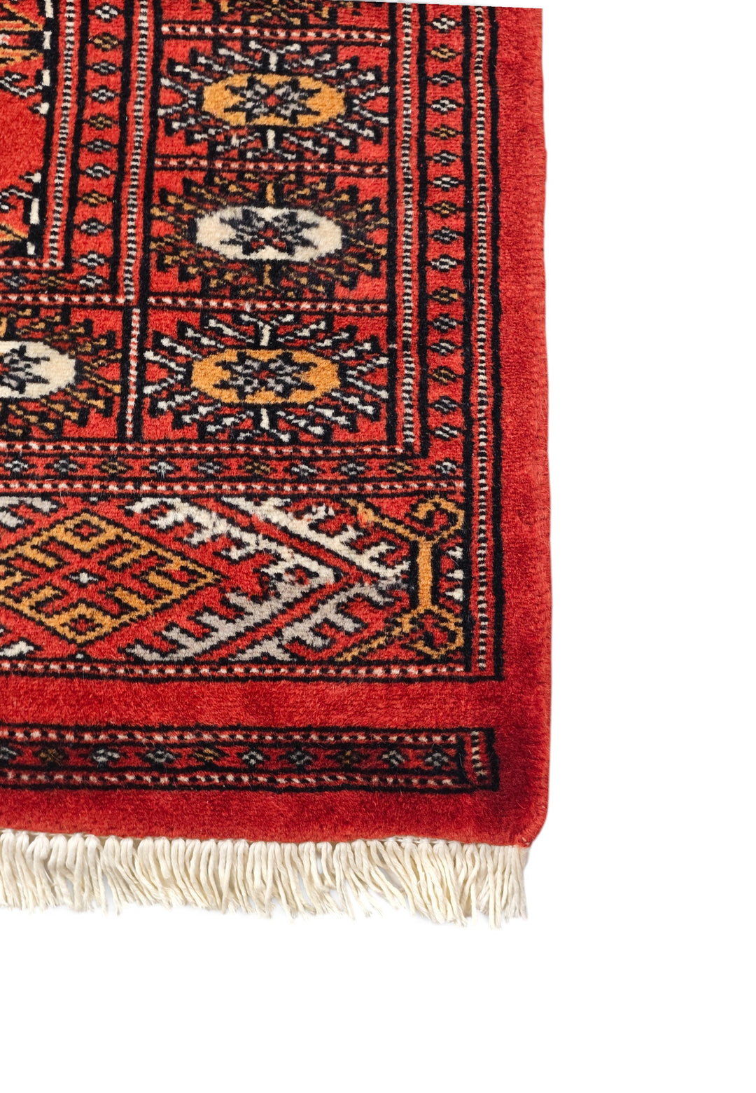 Red and Orange Turkmen Gül Bokhara, Hand-Knotted Wool Rug