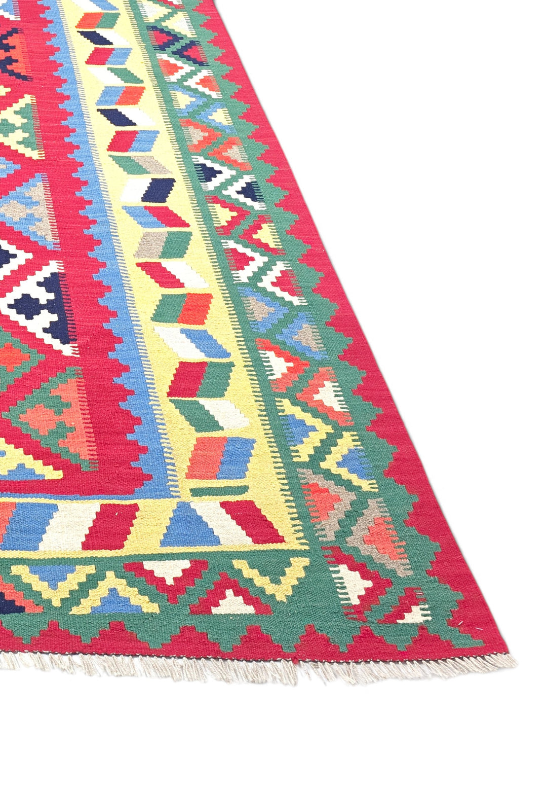 Cerise and Green Qashqai Medallion Kilim, Hand-Woven Wool