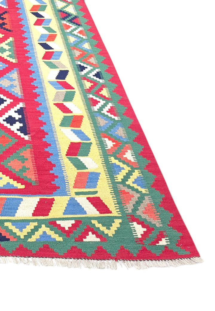 Cerise and Green Qashqai Medallion Kilim, Hand-Woven Wool