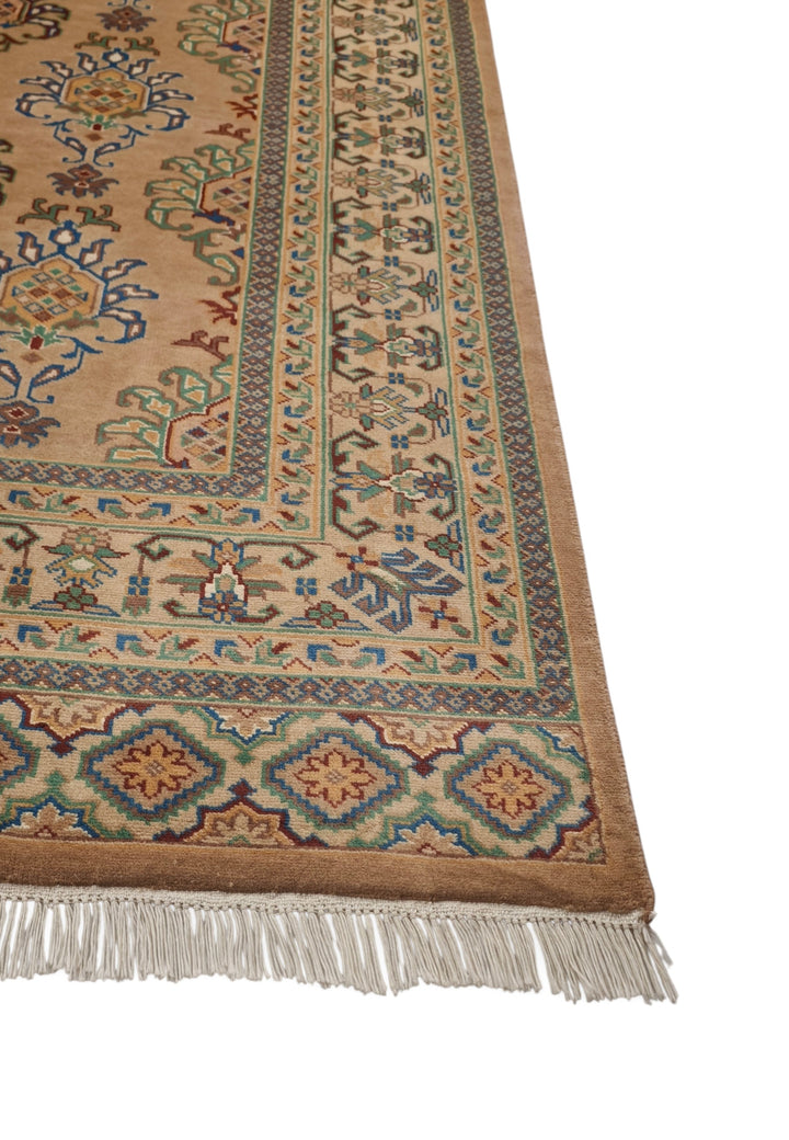 Apricot and Slate Blue Alternating Palmette, Hand-Knotted Wool and Silk Rug