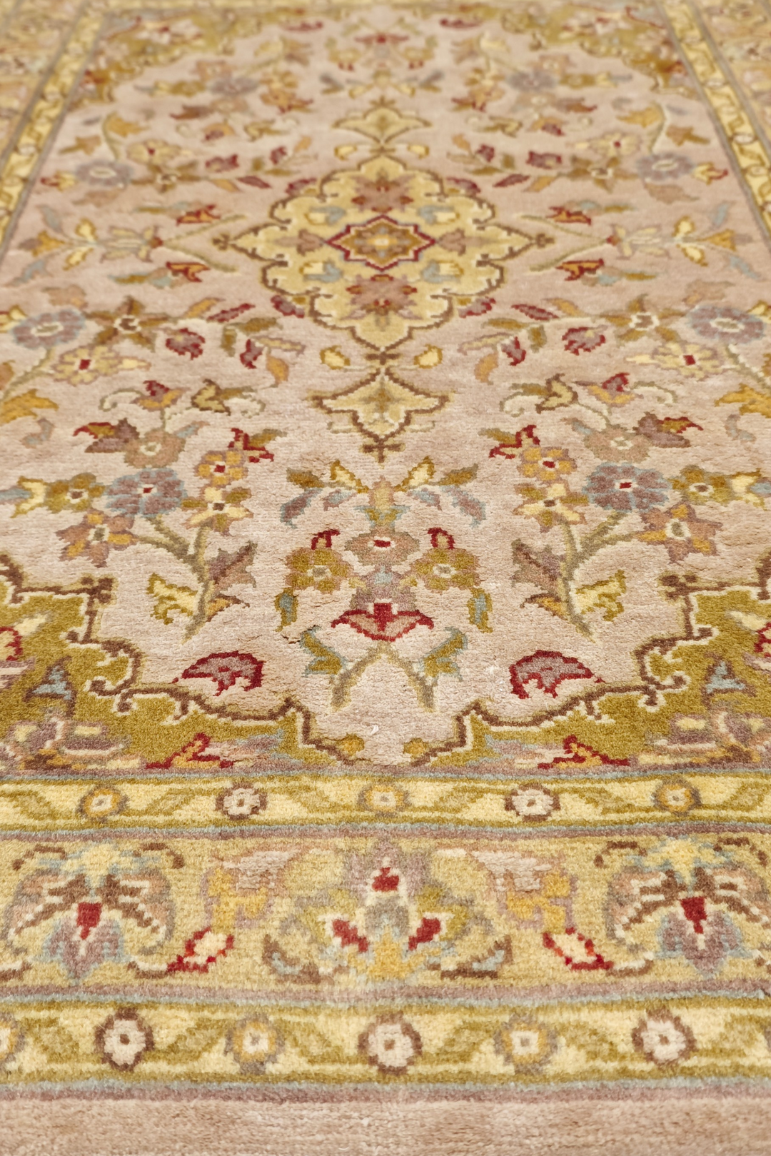Blush and Olive Gold Medallion Tabriz, Hand-Knotted Wool and Silk Rug