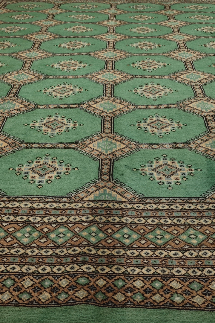 Jade Green and Cream Compartment Bokhara, Hand-Knotted Wool and Silk Rug