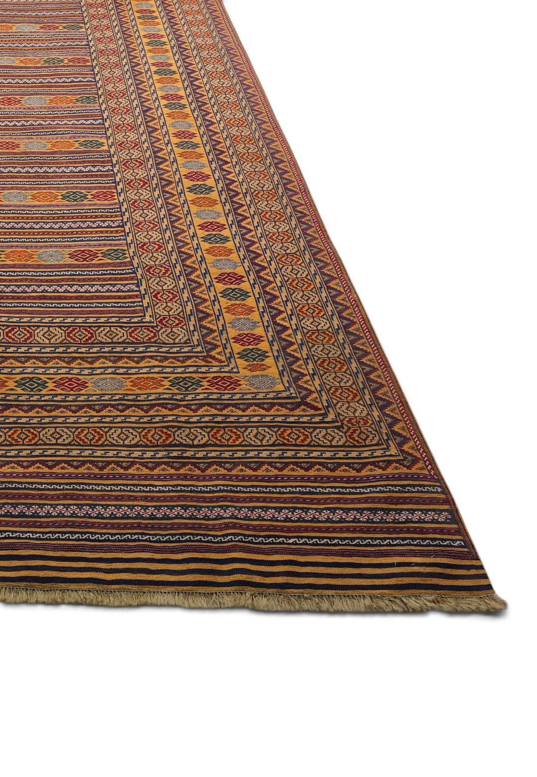 Saffron Gold and Plum Banded Kilim, Hand-Woven Wool