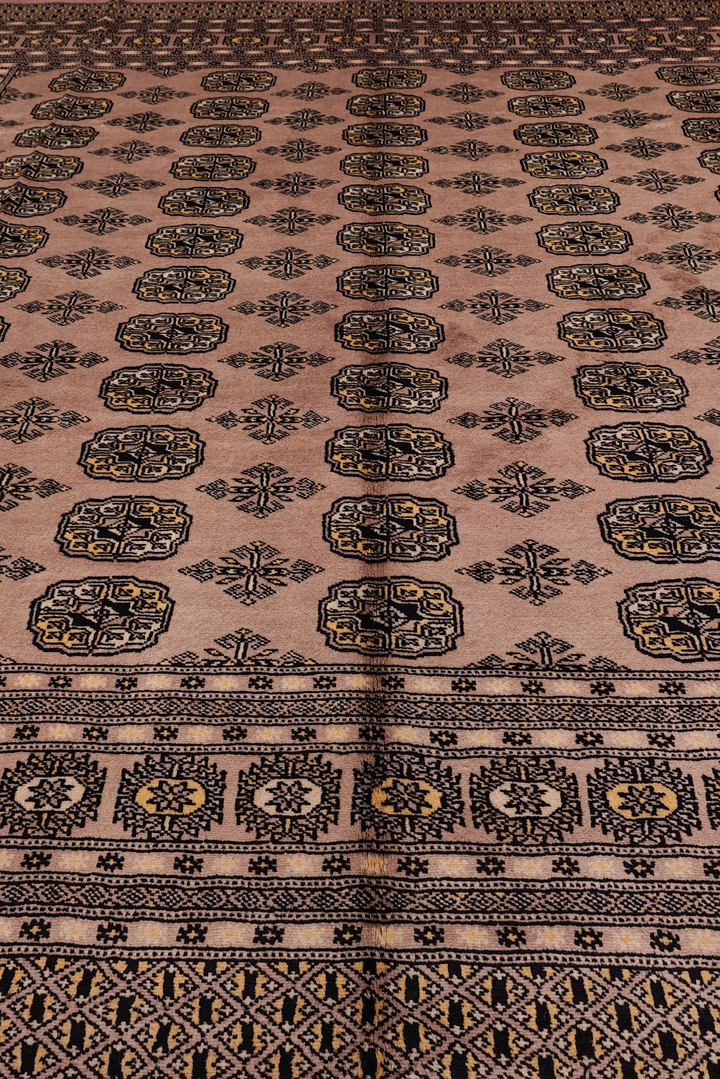 Dusty Taupe Turkmen Gül Bokhara Square Rug, Hand-Knotted Pakistani Wool