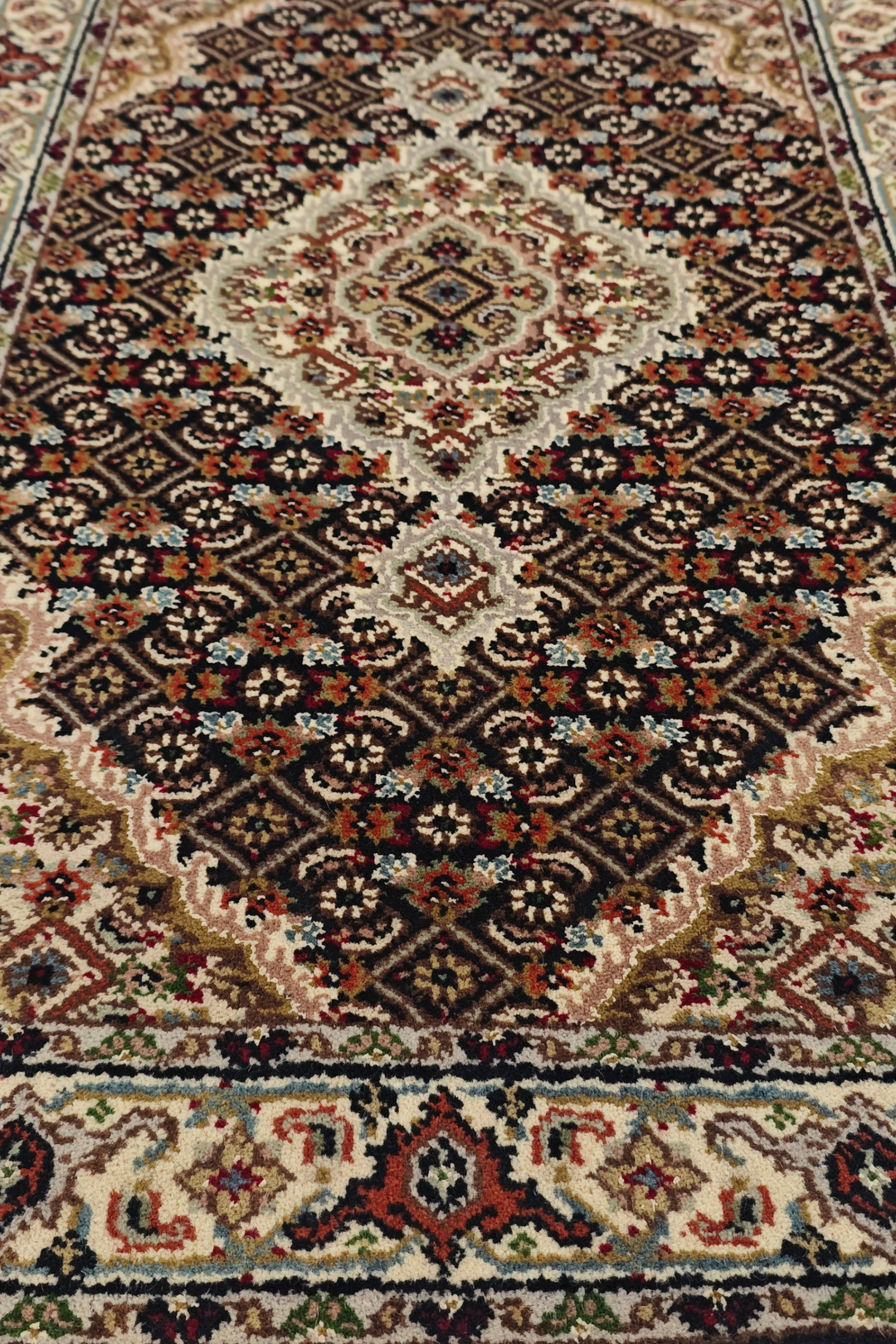 Espresso and Ivory Mahi Medallion Tabriz, Hand-Knotted Wool Rug