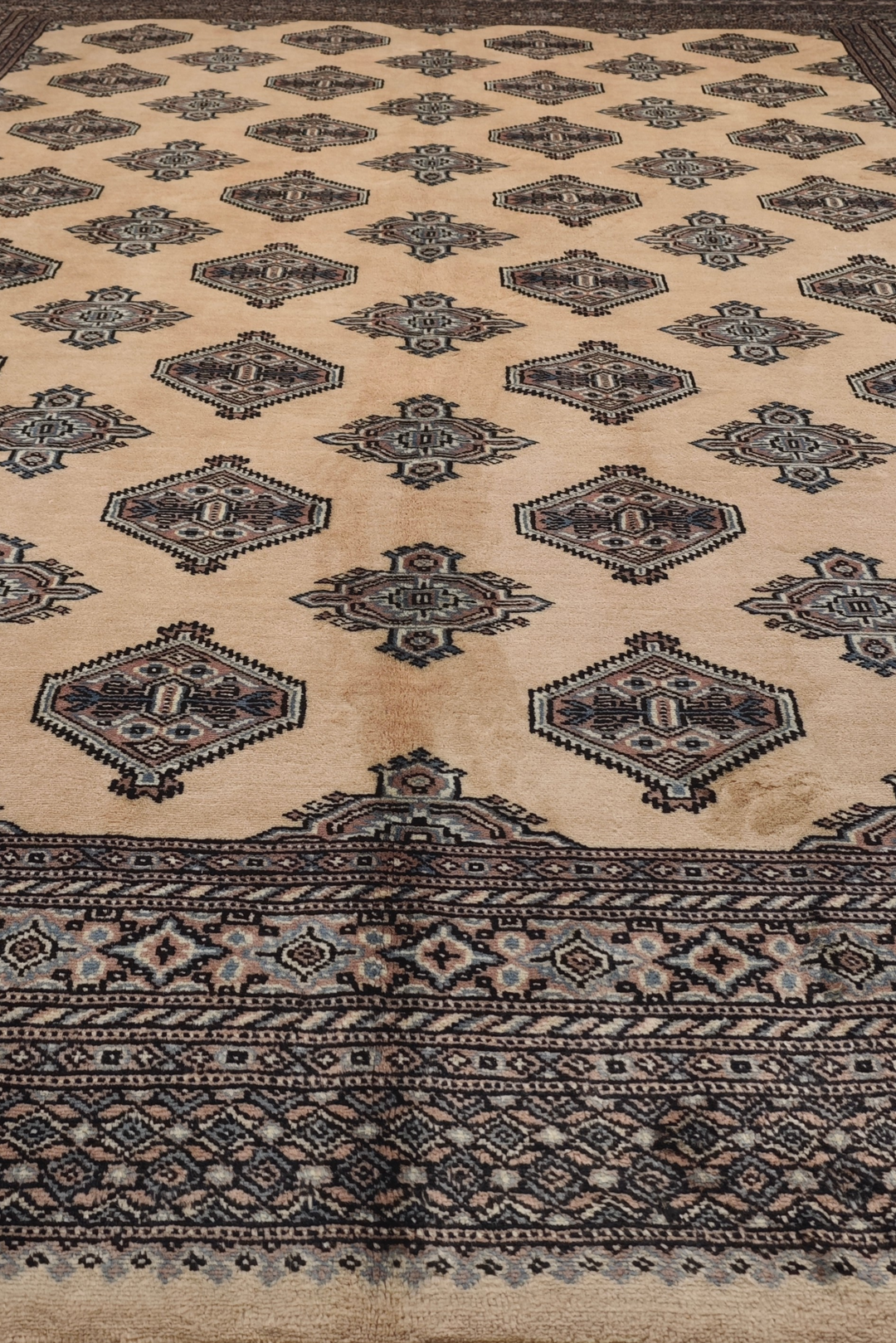 Cream and Espresso Turkmen Gül Bokhara, Hand-Knotted Wool Rug
