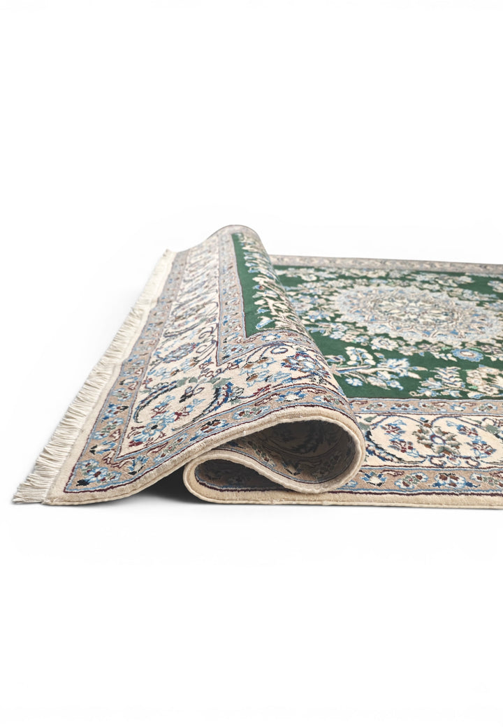 Forest-Green Medallion Persian Nain, Hand-Knotted Wool Rug