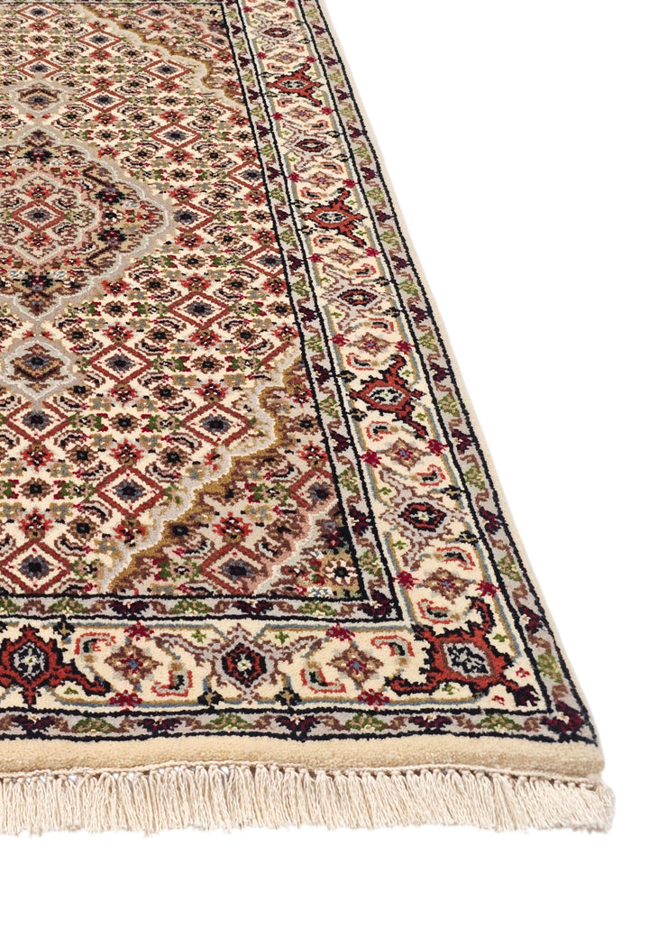 Ivory and Chestnut Mahi Medallion Tabriz, Hand-Knotted Wool Rug