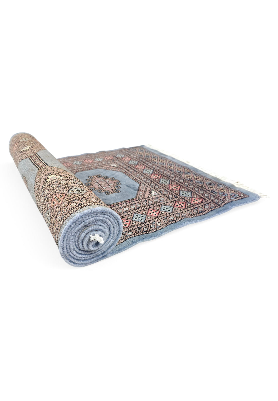 Dusty Blue and Rose Turkmen Gül Bokhara, Hand-Knotted Wool Rug