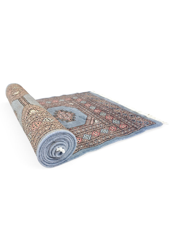 Dusty Blue and Rose Turkmen Gül Bokhara, Hand-Knotted Wool Rug