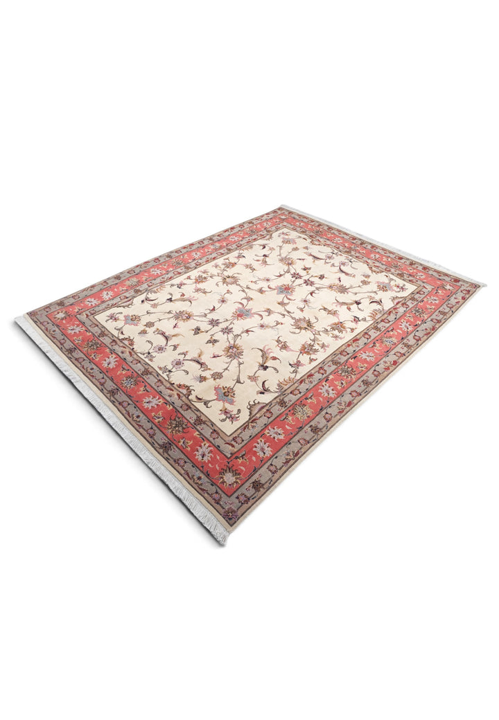 Ivory and Coral Serrated Leaf Tabriz, Hand-Knotted Wool Rug