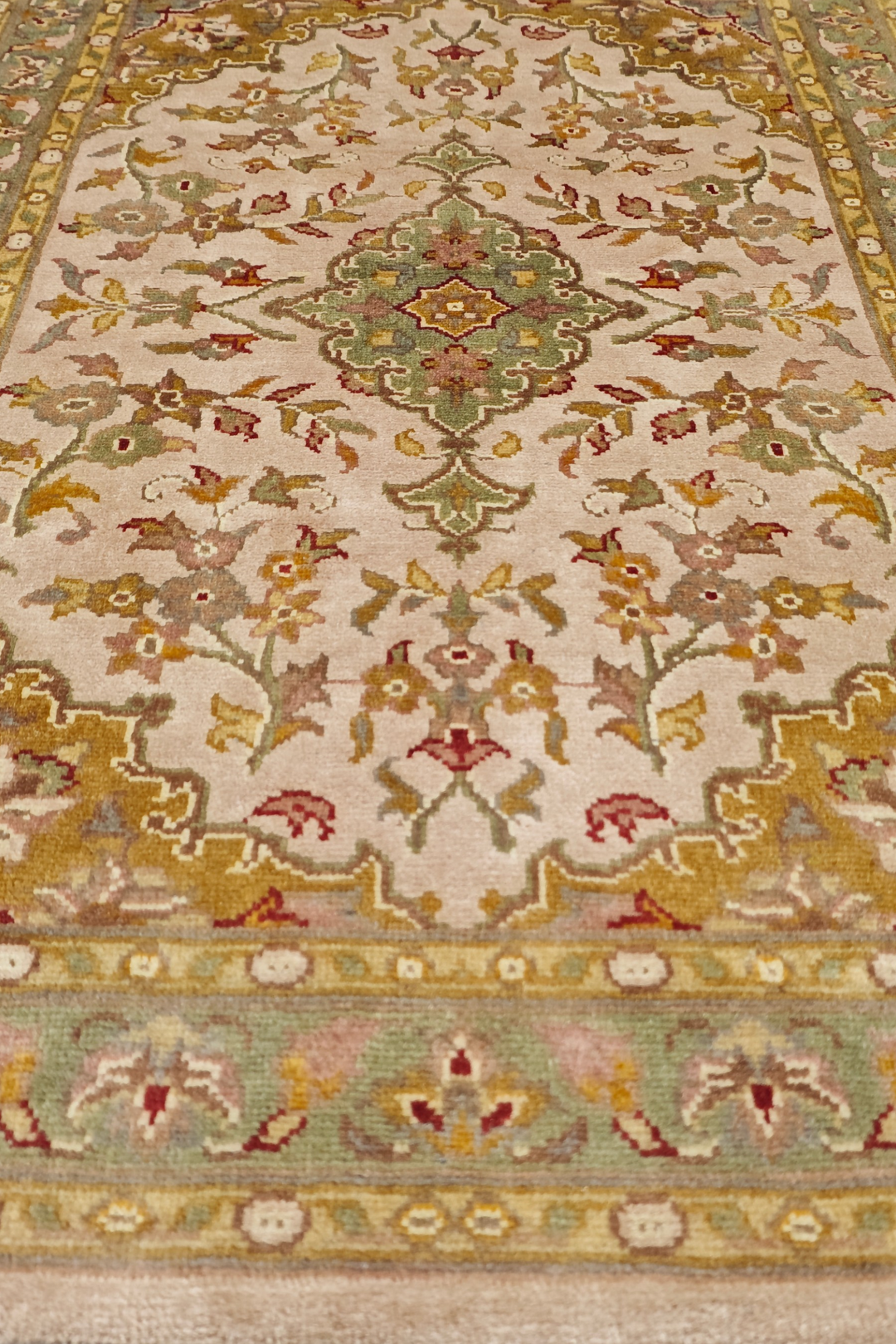 Blush and Ochre Medallion Tabriz, Hand-Knotted Wool and Silk Rug