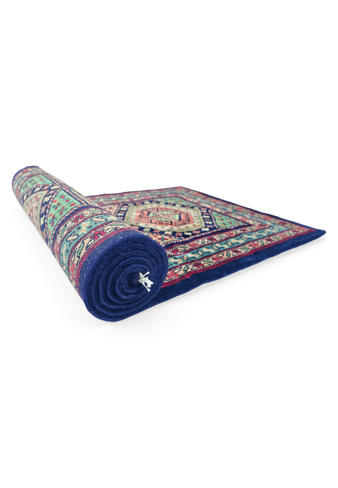 Navy and Rose Hexagonal Medallion Kazak, Hand-Knotted Wool Rug