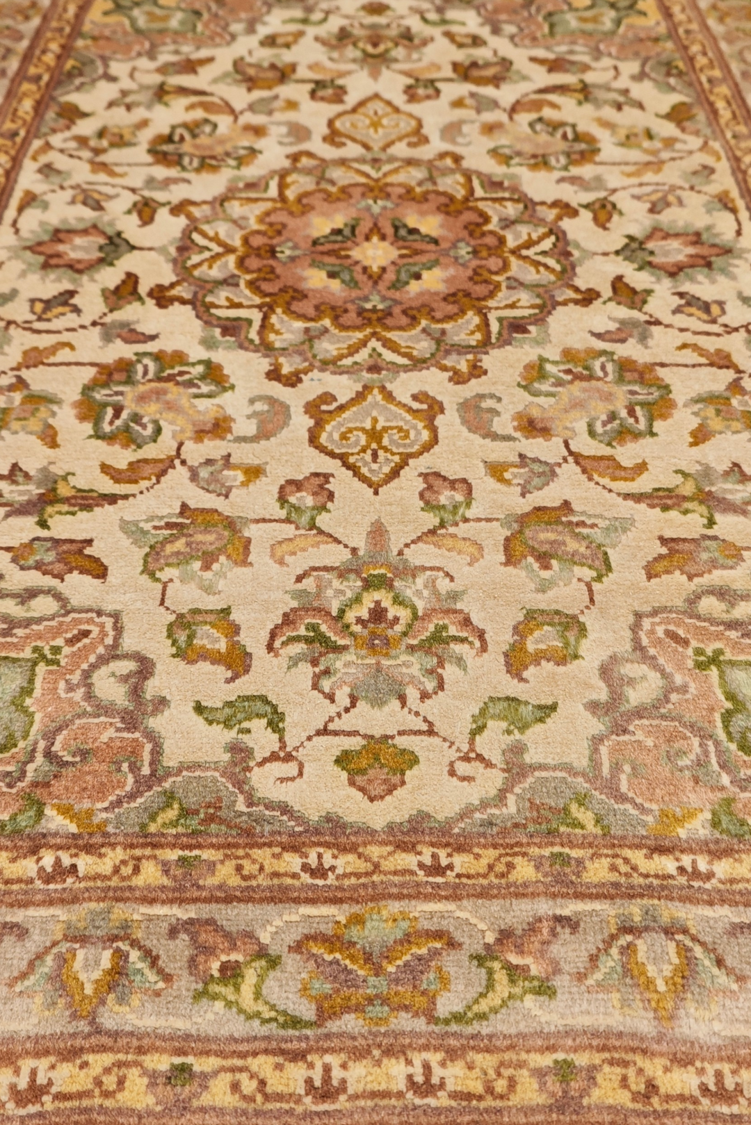 Ivory and Coral Medallion Tabriz, Hand-Knotted Wool and Silk Rug